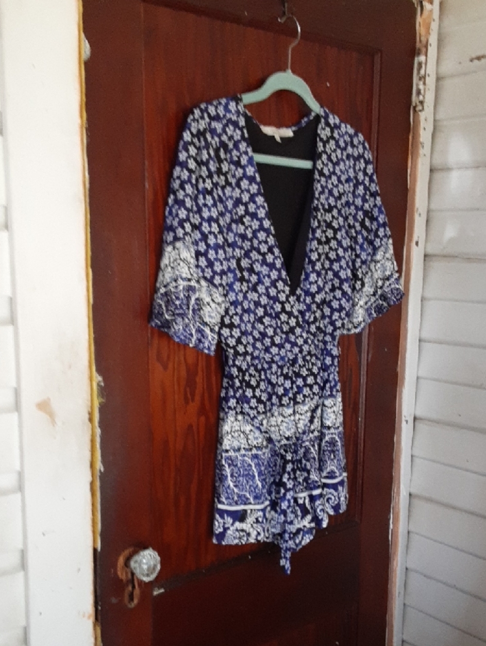 Lovers + Friends Blue & White Daisy Floral Wrap Romper